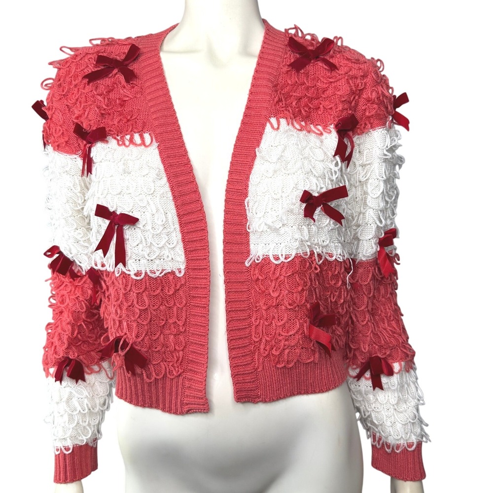 Mighty Fine Coquette Cardigan Sweater Romantic‎ Bows Loop Knit Pink White Cute S